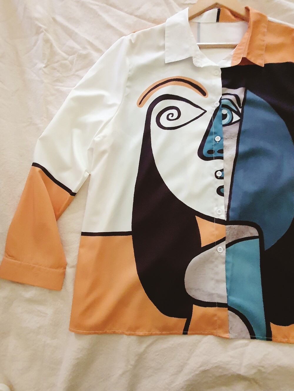 Picasso-inspired Colorblock Button Up Top | White and Gold | Size 4X